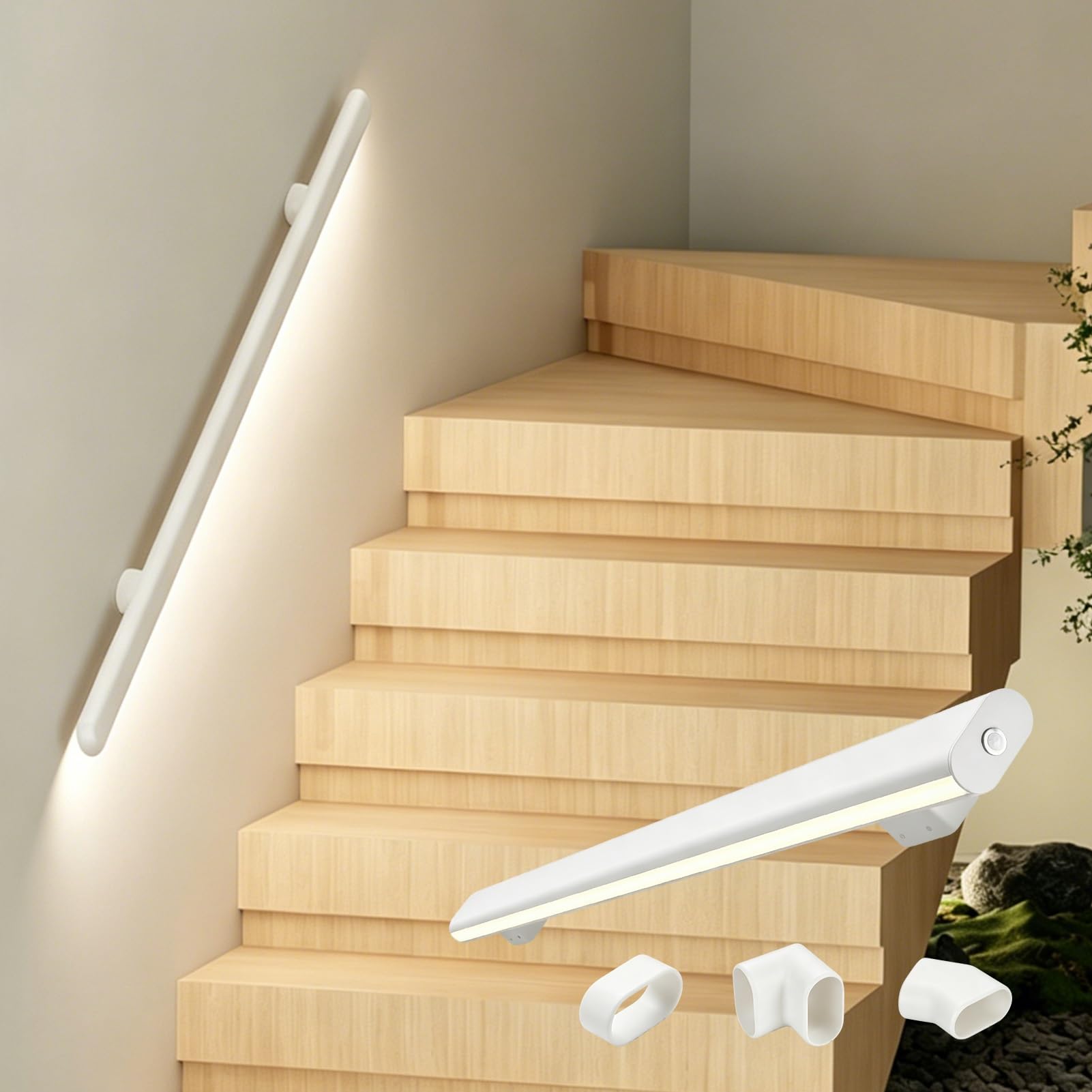 Viiguiy Left White Ambiance Lighted Stair Handrail With Body Sensing, Luminous Smart Staircase Safety Rail, Minimalist Wall Mounted Handrails For Indoor Stairs(,250Cm/8.2Ft)