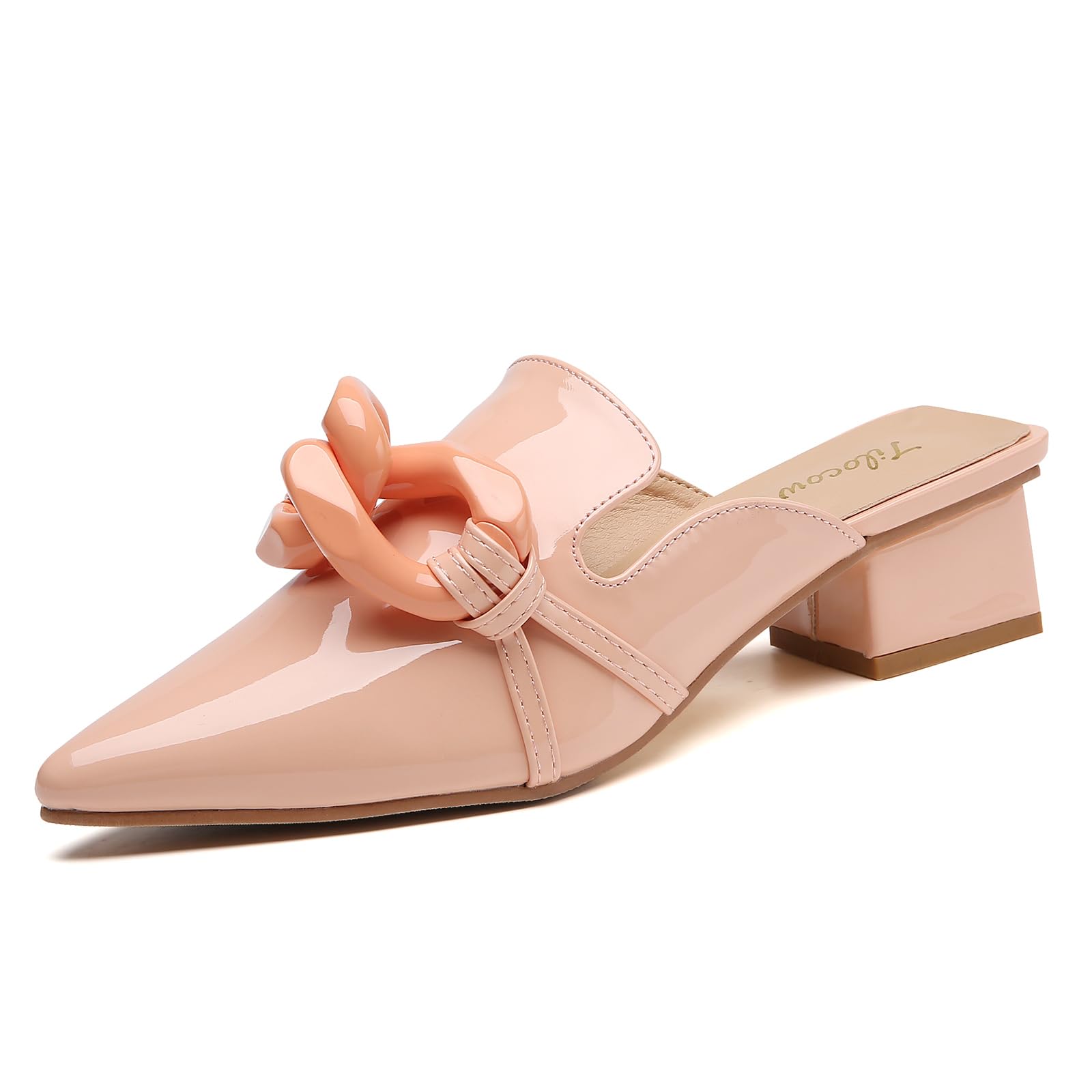 TilocowChain Decor Mules Heels for Women Pointed Toe Heeled Sandals Women Chunky Heel Mules Womens Slide Shoes