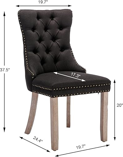 Miniatura 3 de Juego de 2 sillas de comedor negras tapizadas de tela de lino con borde trasero de tracción y patas de madera maciza, silla de cocina copetuda de