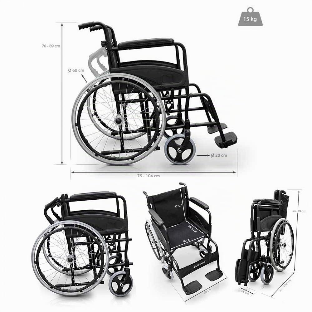 Quirumed Sedia a rotelle in acciaio, modello EASY COMPACT, pieghevole, seduta 46 cm, leggera, tasca portadocumenti, per anziani, per disabili, fino a 110 kg