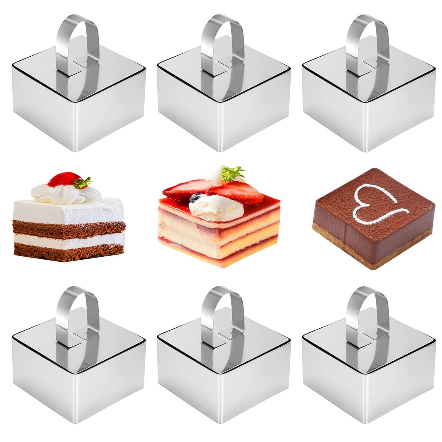 6 Pezzi Anelli da Dessert Quadrati, 8cm Anello per Torte, Acciaio Inossidabile Anello per Torte, Coppapasta con Coperchio, per DIY Torte Mousse Dessert Biscotti(Quadrati)