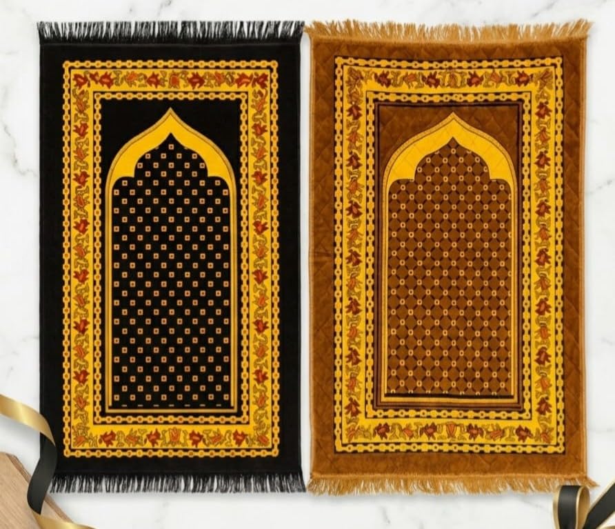Velvet Combo Janamaz Mat | Prayer Mat/Meditation Janamaz for Namaz/Meditation Mat/Muslim | Size 27x42 inch | Washable Soft Prayer Mat, Gold & Coffee-image-0