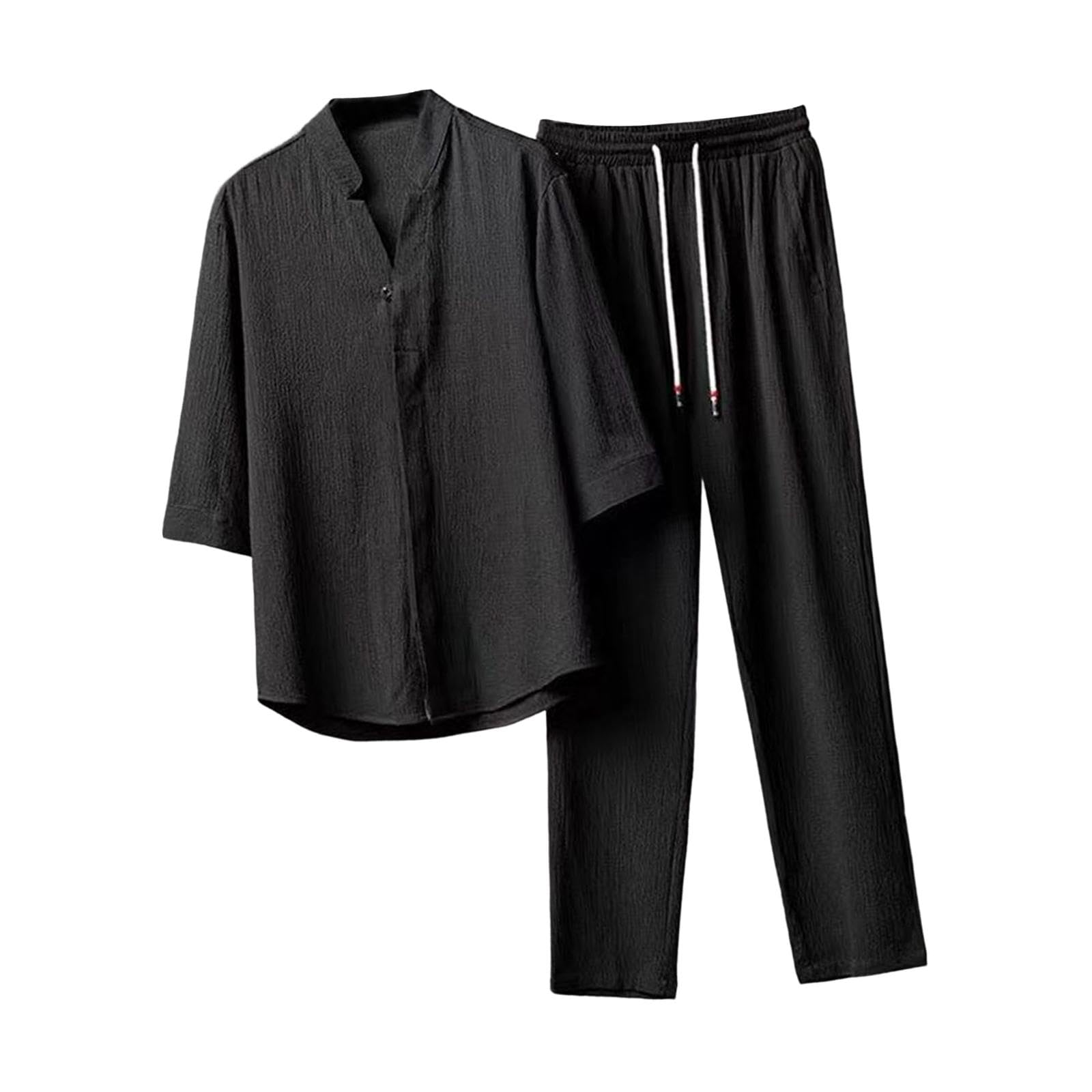 Men's Summer suits Casual Clothes Loose Pant 3/4 Sleeve Suit Beach 2XL Black|Clothing Shoes & Accessories | Mens Clothing | Suits-picture-42