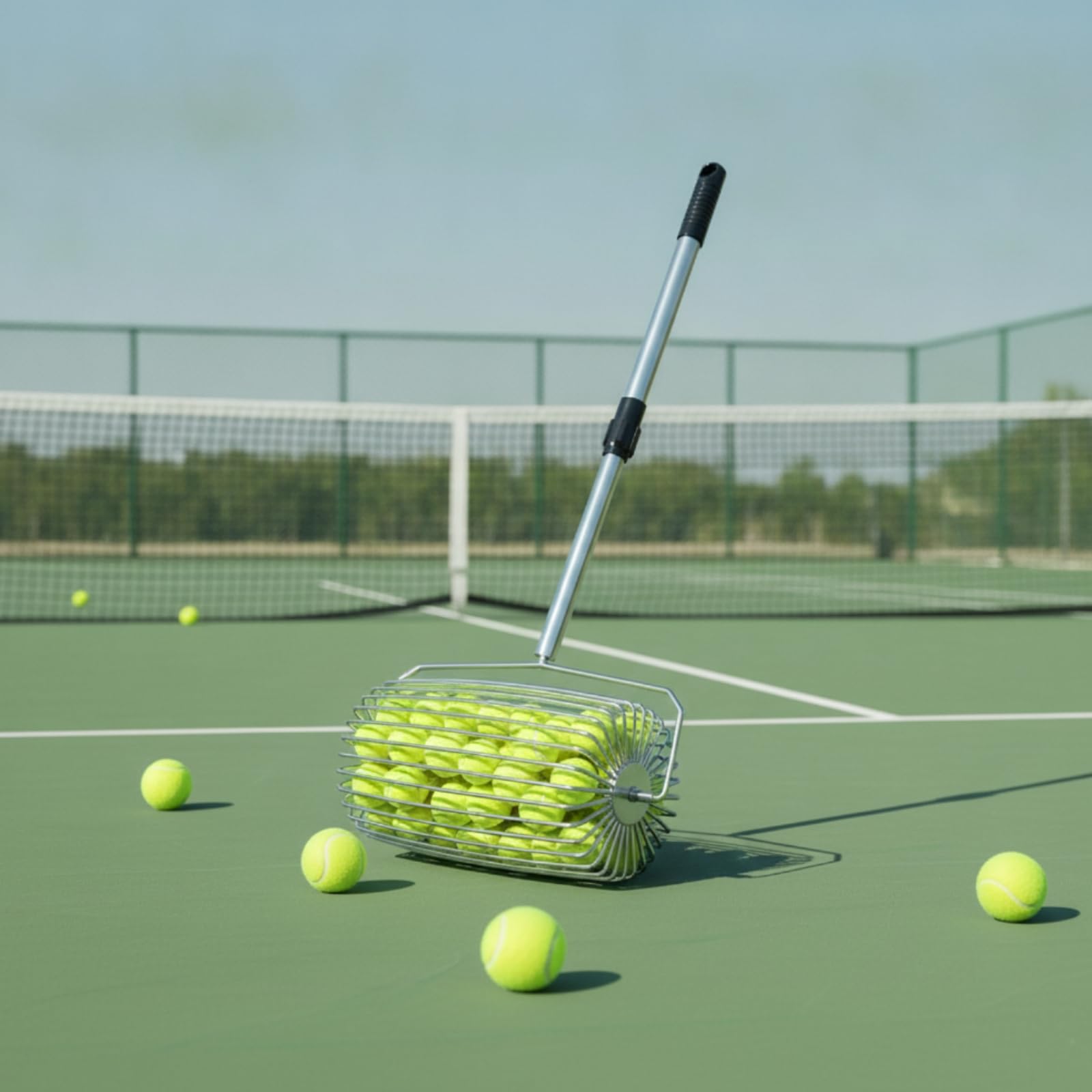 MERIGLARE Ramasseur Balles Tennis avec Manche Télescopique 78 à 115 Cm et Poignée Noire Confortable pour Une Utilisation Efficace Pendant Les Séances d'Entraînement Sportif.