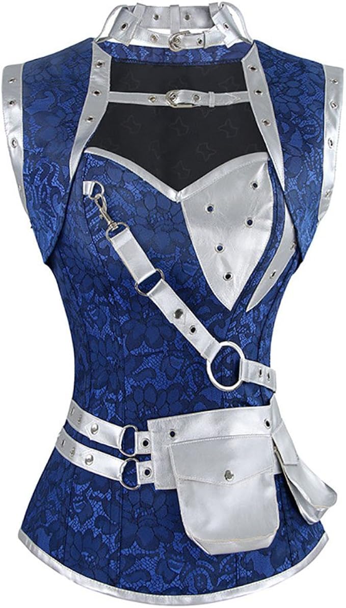 WECHERY Women's Steampunk Spiral Steel Boned Vintage Retro Corset Tops Bustier (WU225-Blue, XL