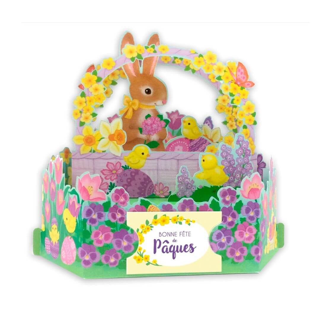 Draeger Paris - Pop Up Greeting Card, 3D Greeting Card with Envelope - "Bonne fête de Pâques" Bunny and Chicks Basket - Size 18 x 11,5 cm