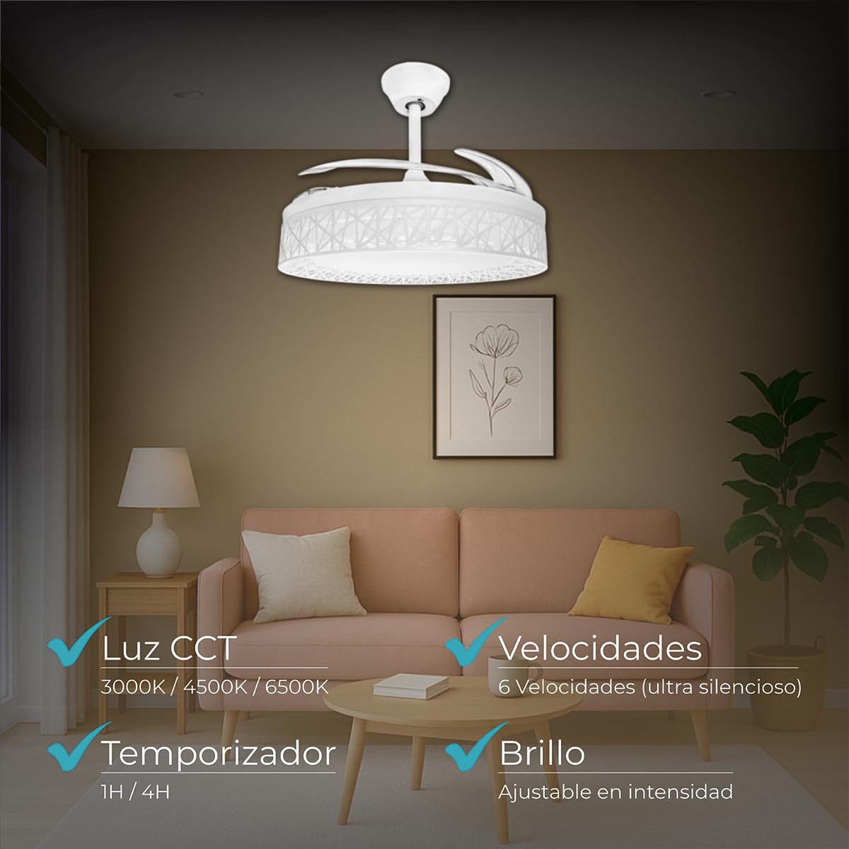 LED ATOMANT Ventilador de Techo con Luz LED 40W, Motor DC 32W, Ø 109cm, CCT, Regulable, 4100LM, 4 Aspas Retractiles, 6 Velocidades Silencioso y Bajo Consumo, Modo Verano Invierno, Con Mando
