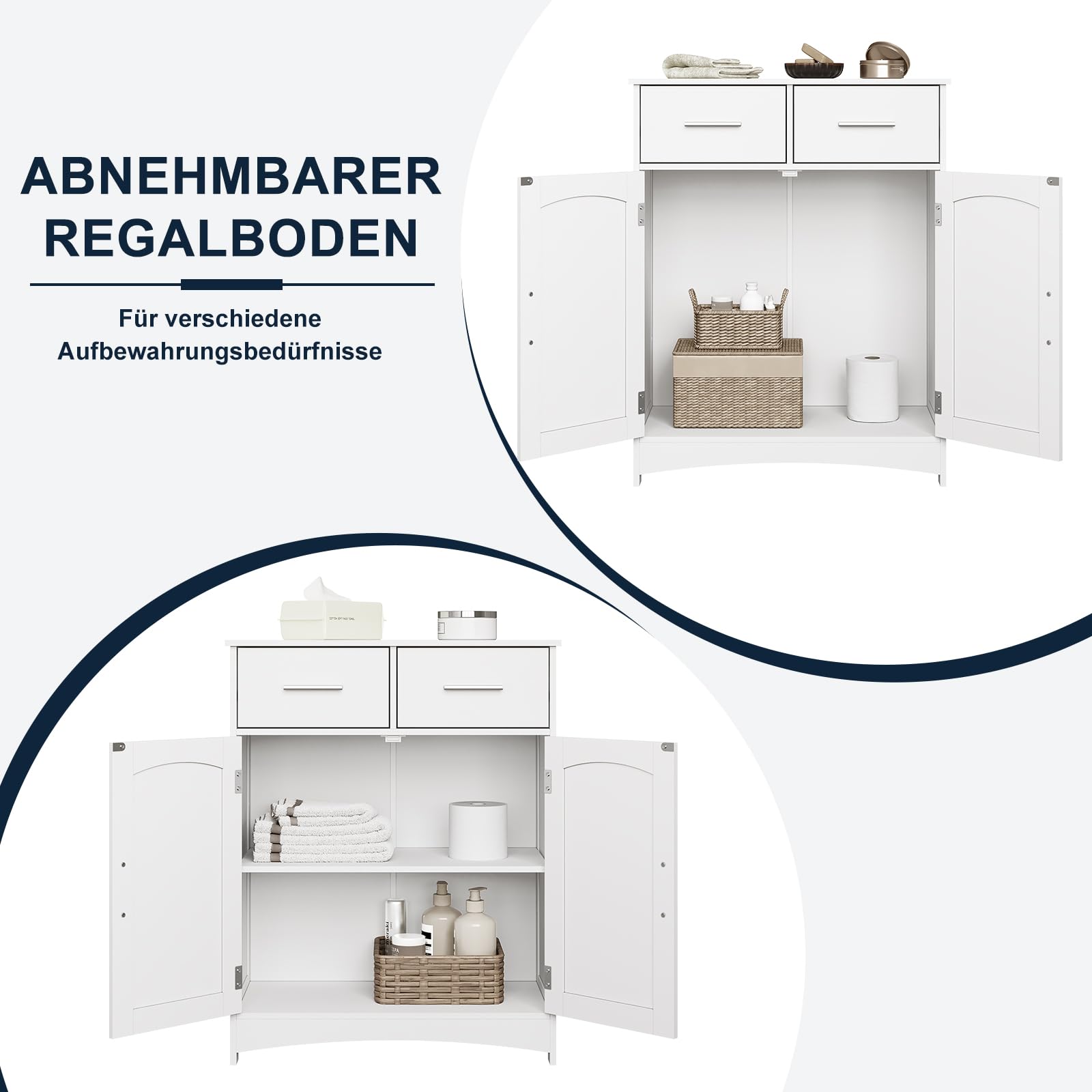 EUGAD Badezimmerschrank Badschrank Beistellschrank Kommode Mehrzweckschrank, mit 2 Schubladen Doppeltür, verstellbare Ablage, aus MDF, Weiß, 60x76x30 cm
