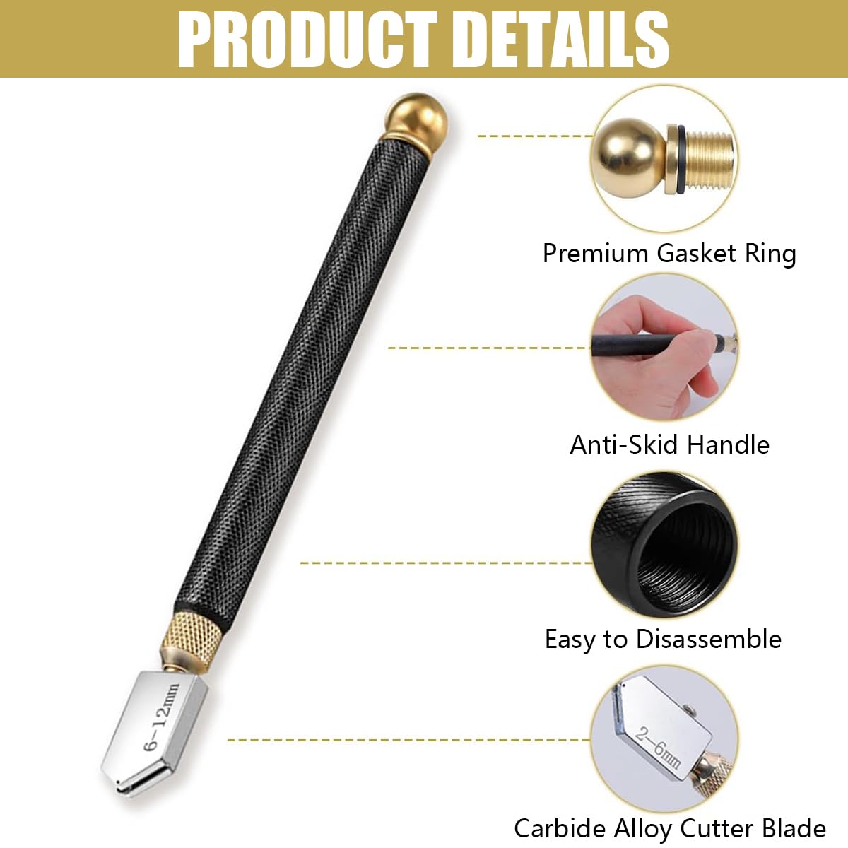 Glass Cutter Kit, 5 Pcs Professional Glass Cutting Tool with Replaceable 3 Carbide 2mm-20mm Cutting Heads - Image 3