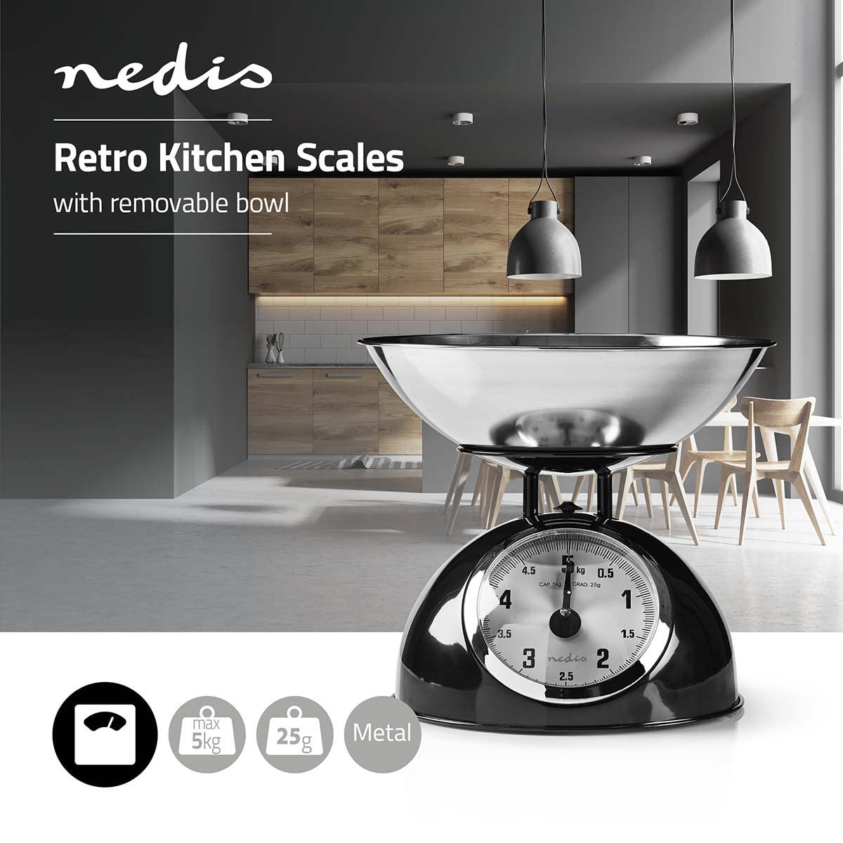 Bilancia Da Cucina Analogica Nedis - Acciaio Inox, Ciotola Rimovibile, Capacità 5 Kg, Stile Retrò