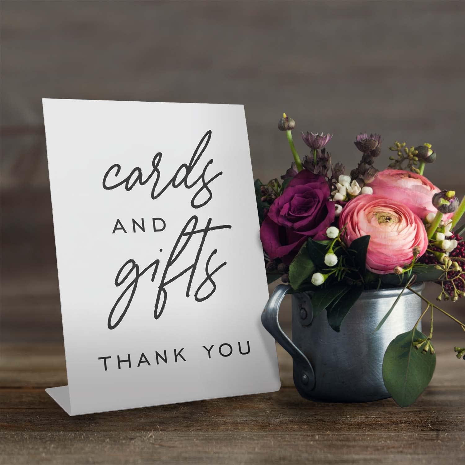 Cards And Gifts Event Sign / 6" x 8" Plastic Pedestal Wedding Sign/Classic Black And White Thank You Cards And Presents Graduation Anniversary Party Table Top Signage/Made In The USA