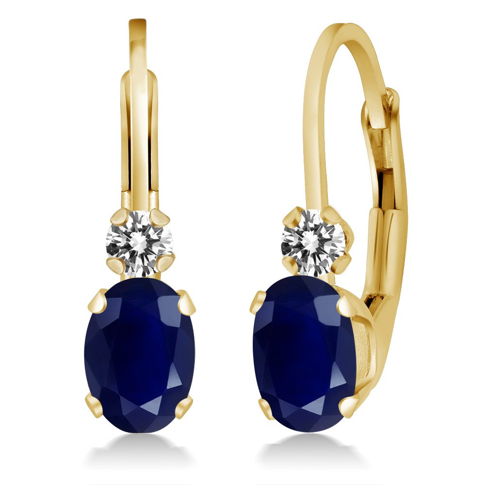 Gem Stone King14K Yellow Gold Blue Sapphire and White Diamond Leverback Earrings For Women | 1.17 Cttw | Gemstone September Birthstone | Oval 6X4MM, Round 2MM | 3/4 Inch, Yellow Gold, Diamond,