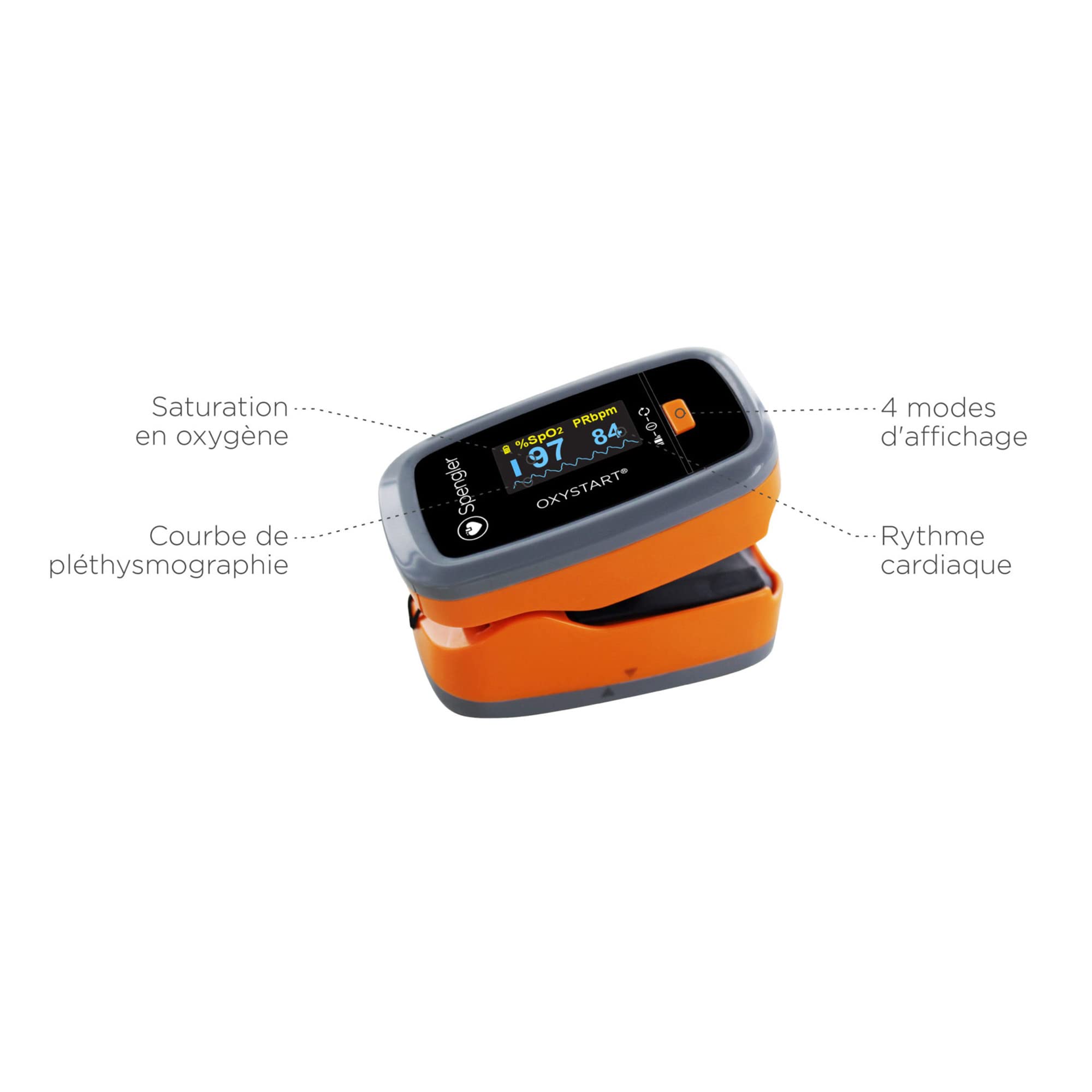Oxymètre de doigt SPENGLER Oxystart, Oxymètre de pouls professionnel Portable, Mesure de l'Oxygénation, Facile à Utiliser, Fiable et Précis, Compact et Léger (Orange)