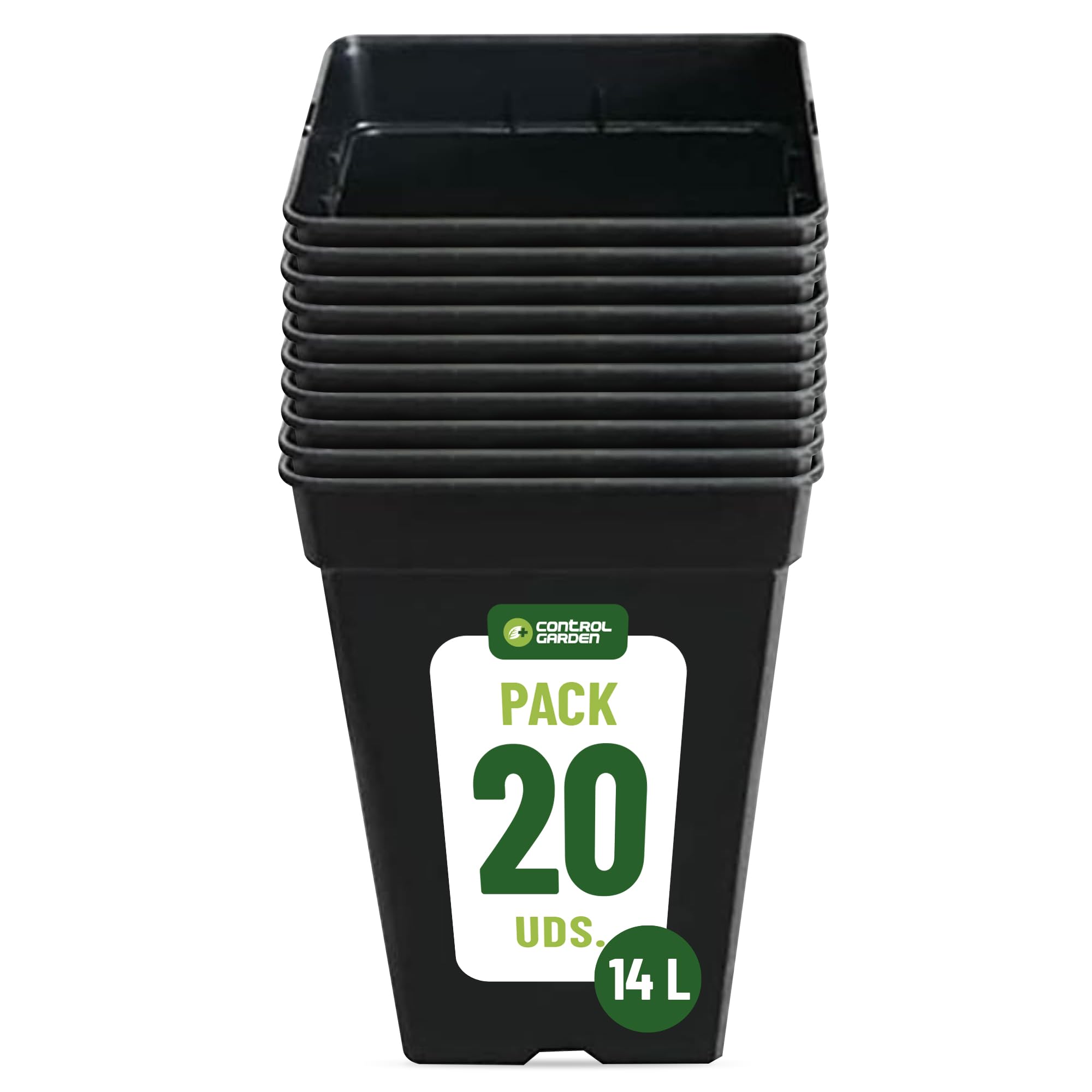 Control Garden Pack 20 Macetas Cuadradas para Plantas Negra 14 L - Maceteros de Plástico para Flores - Tiesto para Cultivos Resistente