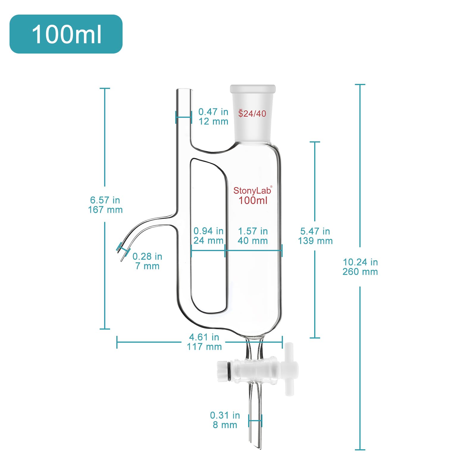 stonylab Separatore Ricevitore per Acqua e Olio con Giunto 24/40, Water Oil Receiver Separator da Laboratorio Fornitura Laboratorio, 100 ml