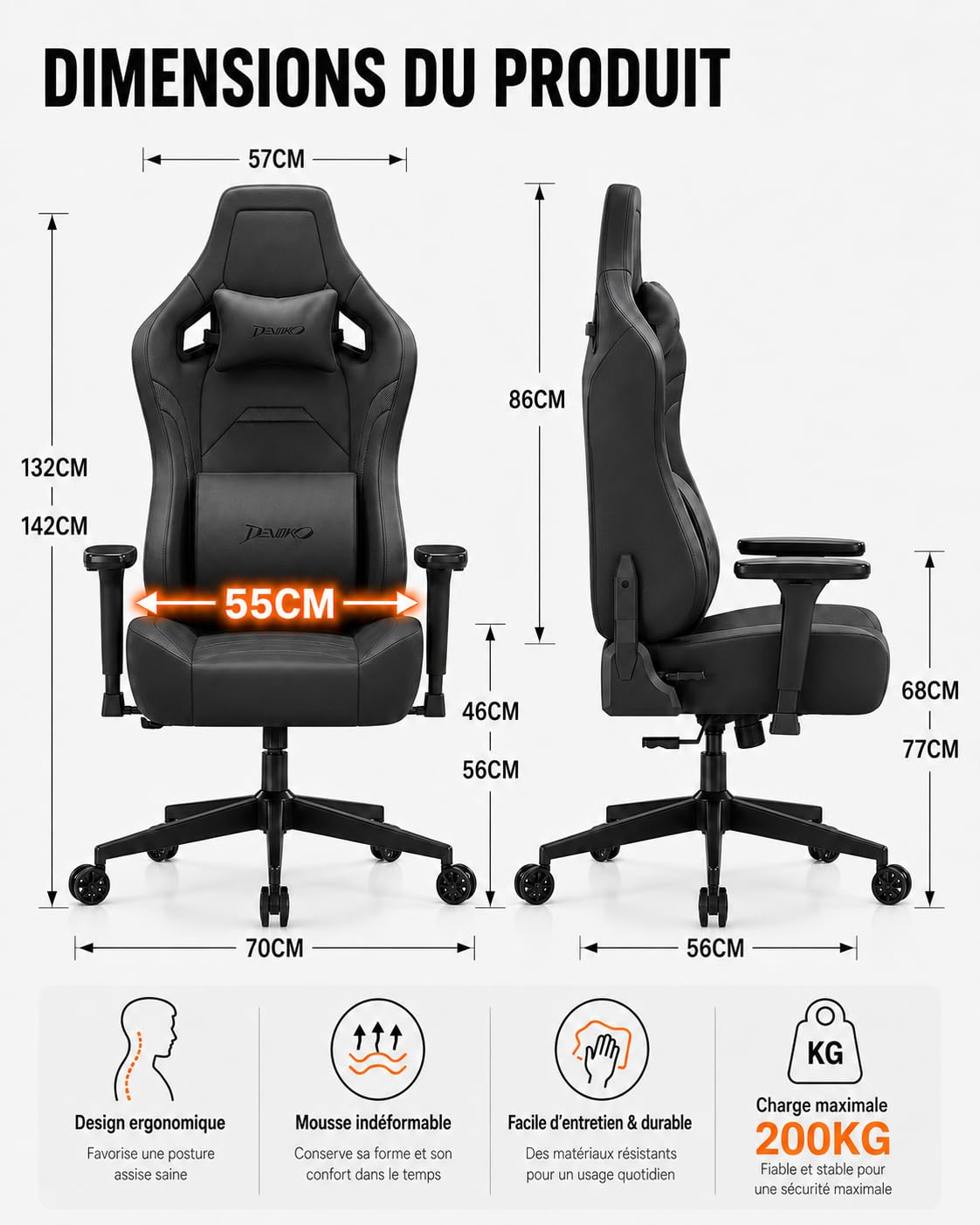 Devoko Suédine Chaise Gaming Confortable, Chaise Bureau Ergonomique avec Accoudoirs 3D, Fauteuil Gaming Inclinable 90°-135° for Gamer, Office, Charge Maximale 200Kg,Noir