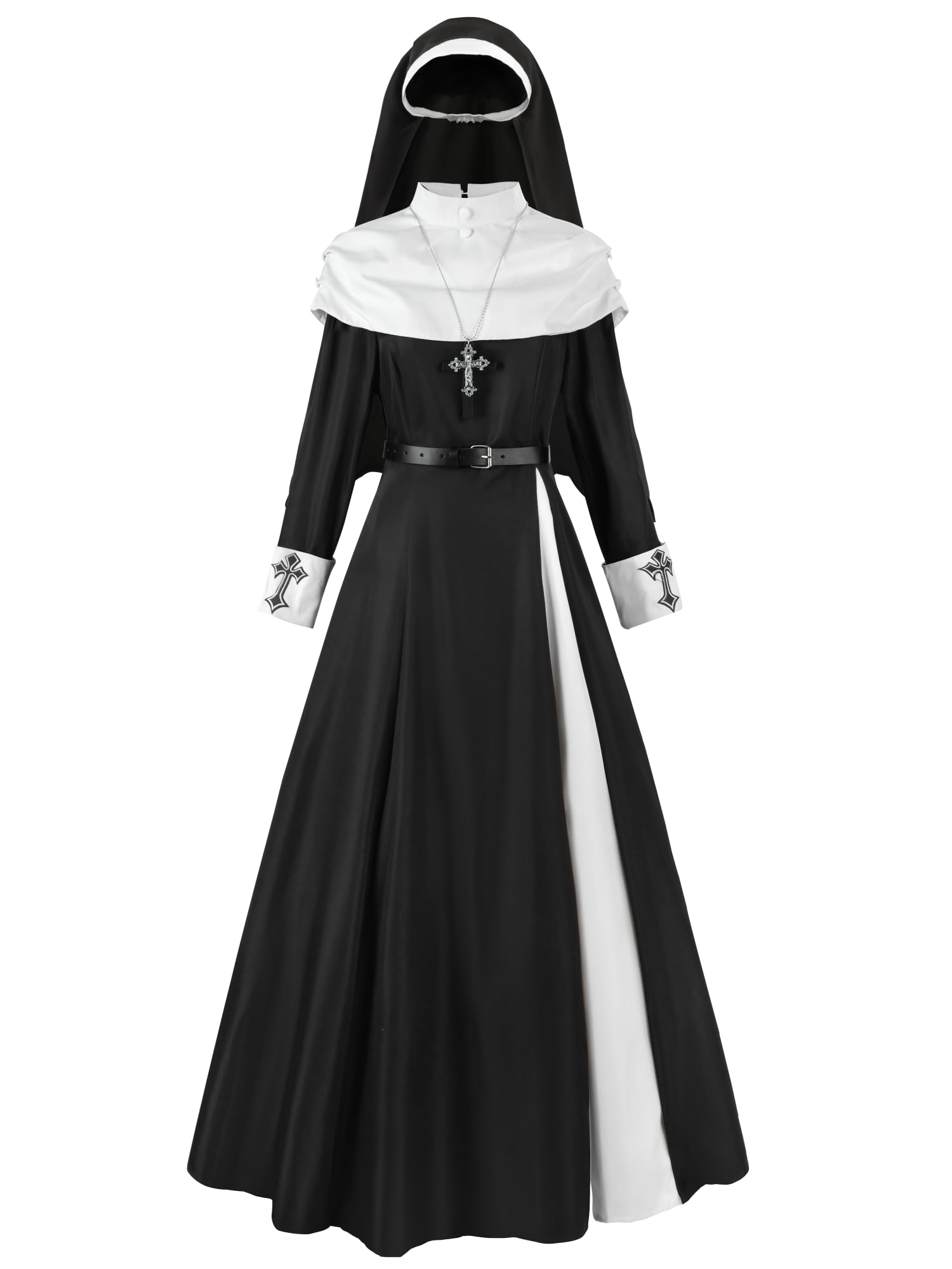 NSPSTT Nun Costume for Women – Long Nun Outfit Fancy Dress with Belt, Headpiece & Necklace, Classic Role-Play for Halloween Party S