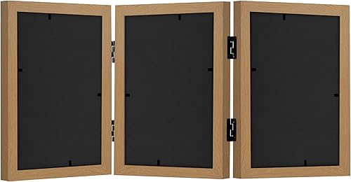 Miniatura 5 de Americanflat Marco de fotos con 3 bisagras en madera de fibropanel de densidad media de roble oscuro, marco de fotos de escritorio para fotos de 4 x