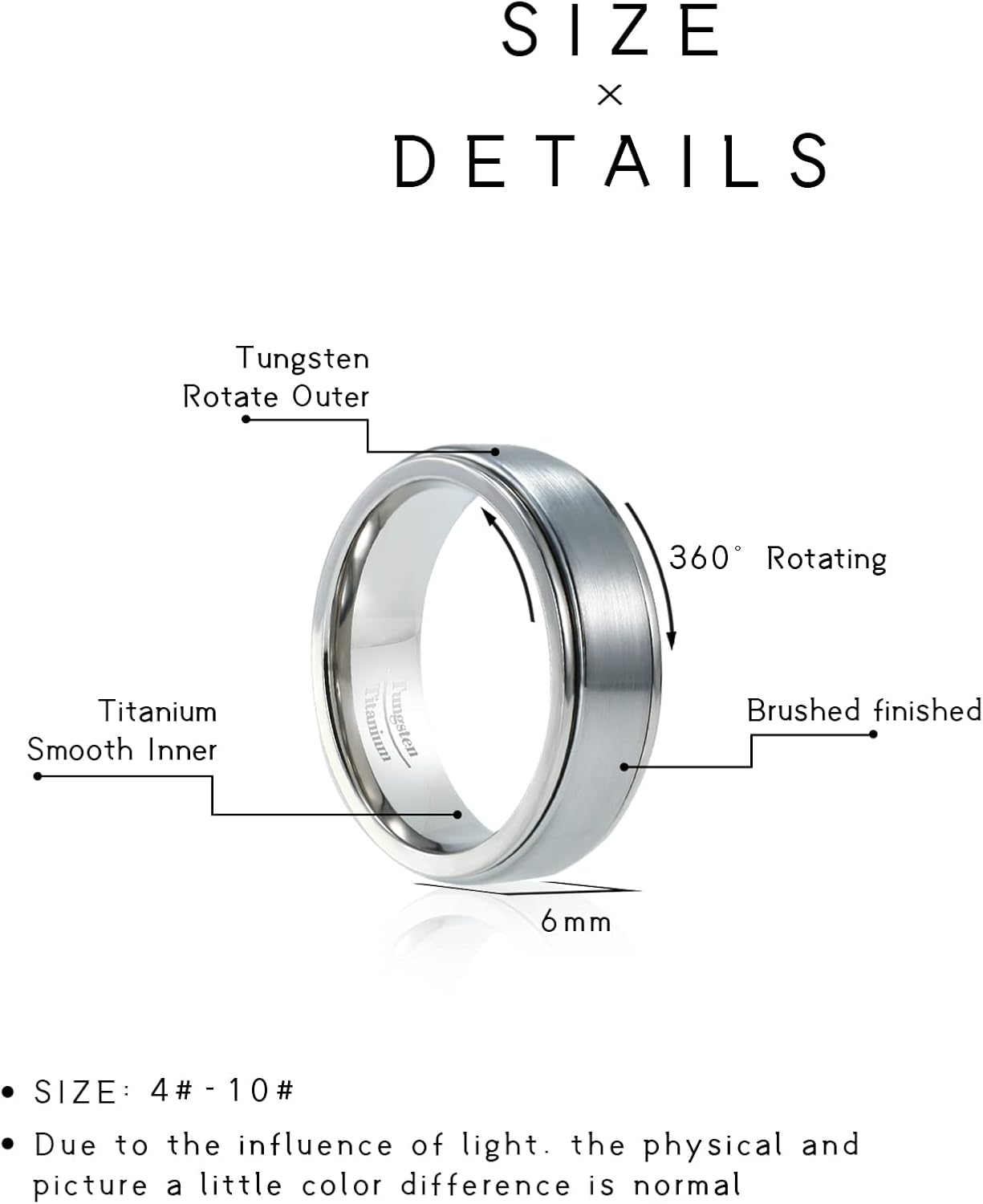 TGNEL 6mm Titanium Anxiety Fidget Wedding Rings Spinner Tungsten Engagement Rings for Women Men, Basic Plain Wedding Rings Silver Matte Brushed Finish Comfort fit Size 10.5 - Image 4