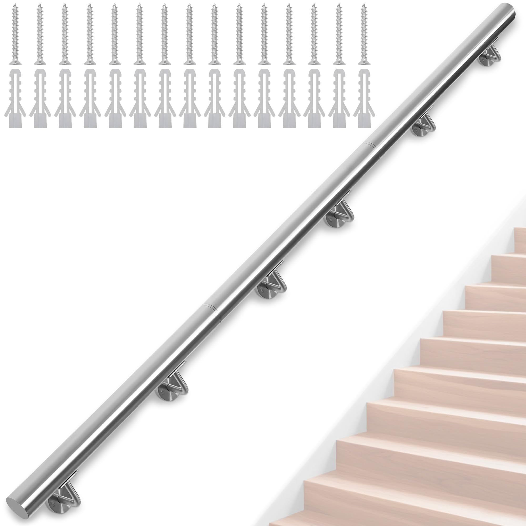 FREEAMG 350CM Handrails for Stairs, Stainless Steel Handrail with Brackets, Banister Rail Support Kit for Outdoor/Indoor Stairs, Loft, Porch, Garage & Deck Hand Rail (Silver)