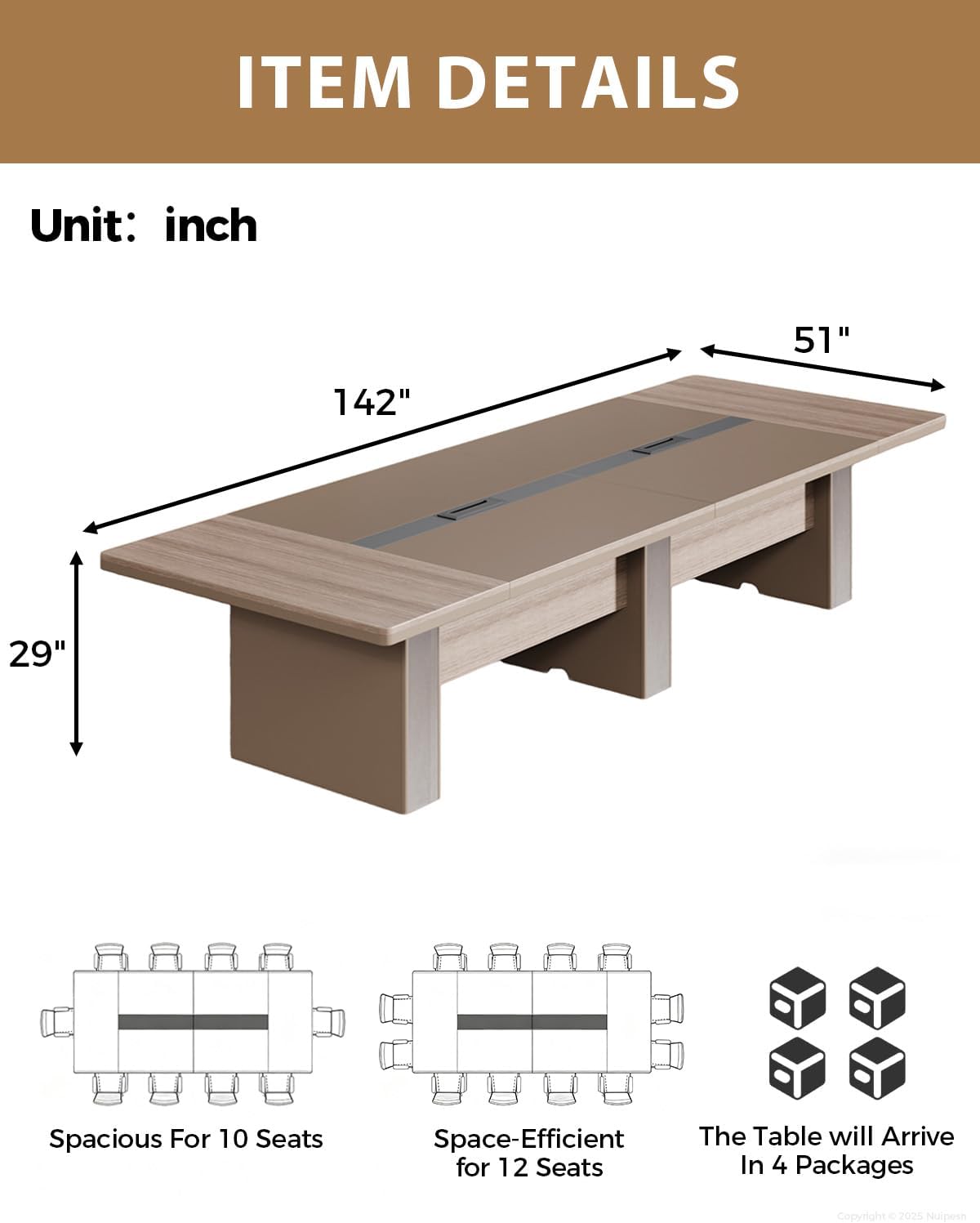 Spacious 12FT Executive Conference Table – Modern Rectangular Boardroom Table with Dual Cable Grommets, 1.6" Thick Top, Seats 10–12, Ideal for Office, Studio, or Training Rooms