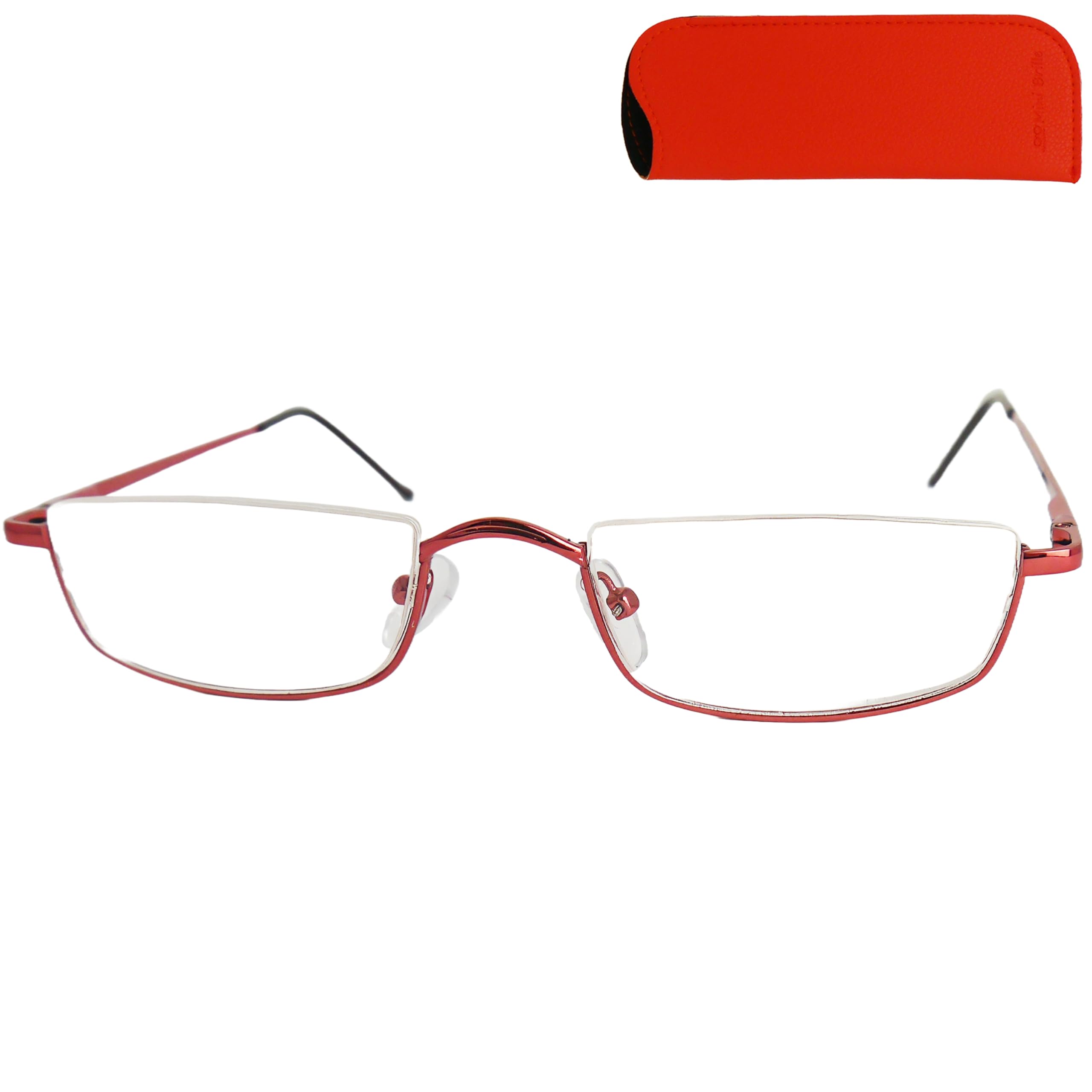 Mini Brille Lesebrille Metall Halbrand oben – Rechteckige Halbbrille mit Edelstahlrahmen & Federscharnier – Lesehilfe für Damen & Herren – Inklusive Etui