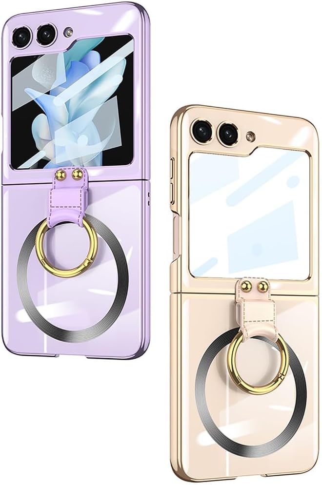 Magnetic Built-in Screen Protector Case for Samsung Galaxy Z Flip 5 5G Compatible with Magsafe,Ring Kickstand,Plating Transparent Shockproof Cover (Gold,for Galaxy Z Flip5)