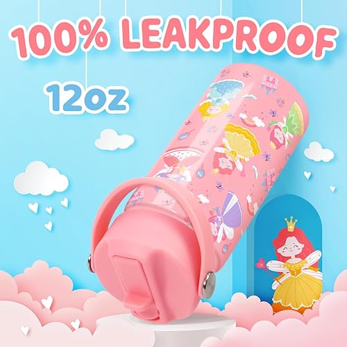 Miniatura 5 de Princess - Botella de agua para niñas, botella de agua para niños con tapa con pajilla, botellas de agua aisladas de acero inoxidable de 12 onzas