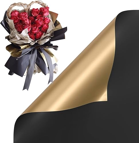 HYSSINOWRAP Papel de regalo floral Papel de regalo de flores doradas de doble cara, papel de regalo impermeable, papel de regalo de ramo de