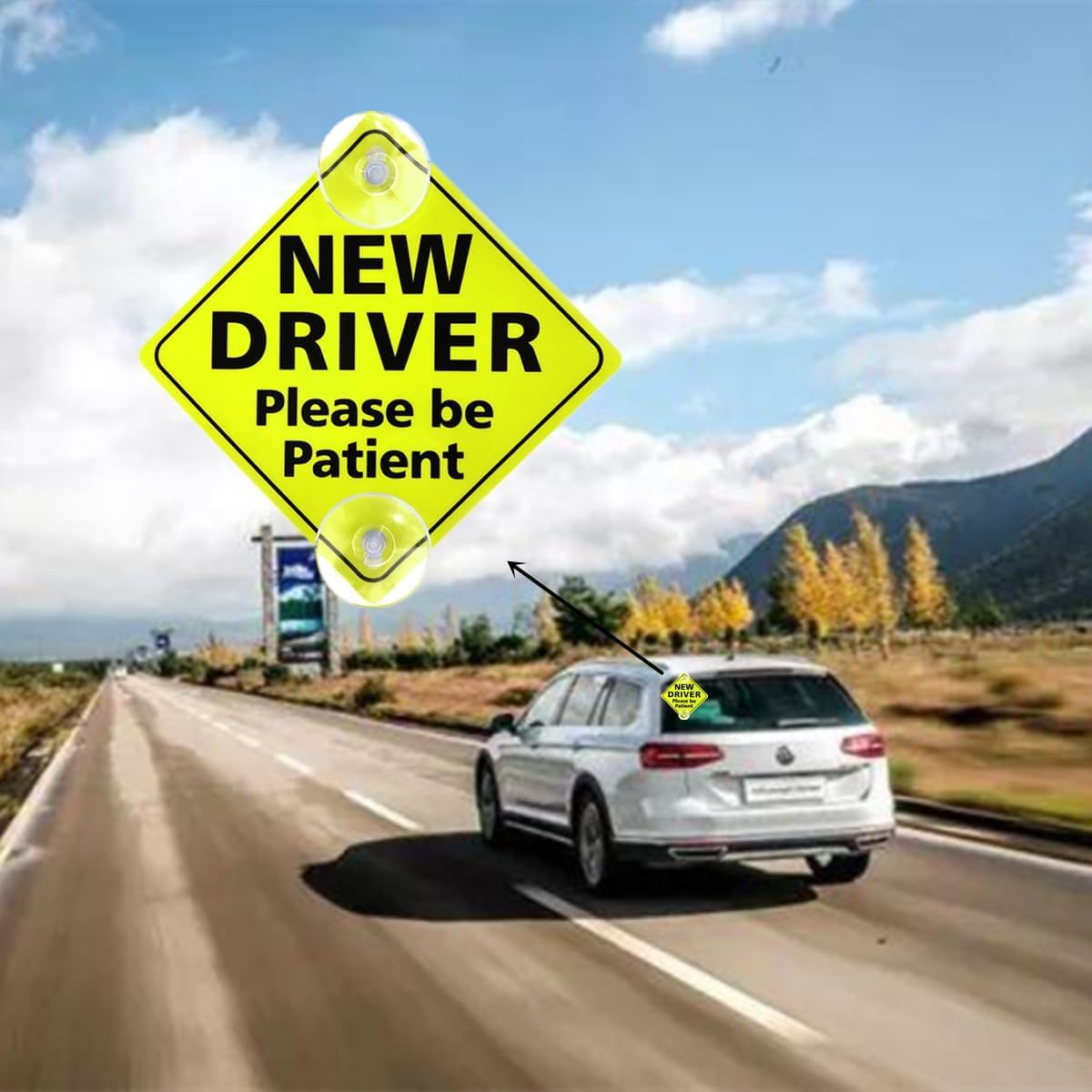 BEANPRECOY 2 Pcs New Driver Sign With Suction Cups, 5" x 5" Reflective Novice Stickers, Removable and Reusable for Car Window, Please Be Patient Caution Sticker