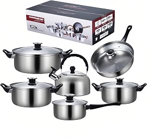 12-Piece Stainless Steel Cookware Set with Glass Lids, Pots and Pans Set for Induction, Gas, Electric & Ceramic Stovetops, Dishwasher Safe, Oven Safe Kitchen Cooking Set（Black）