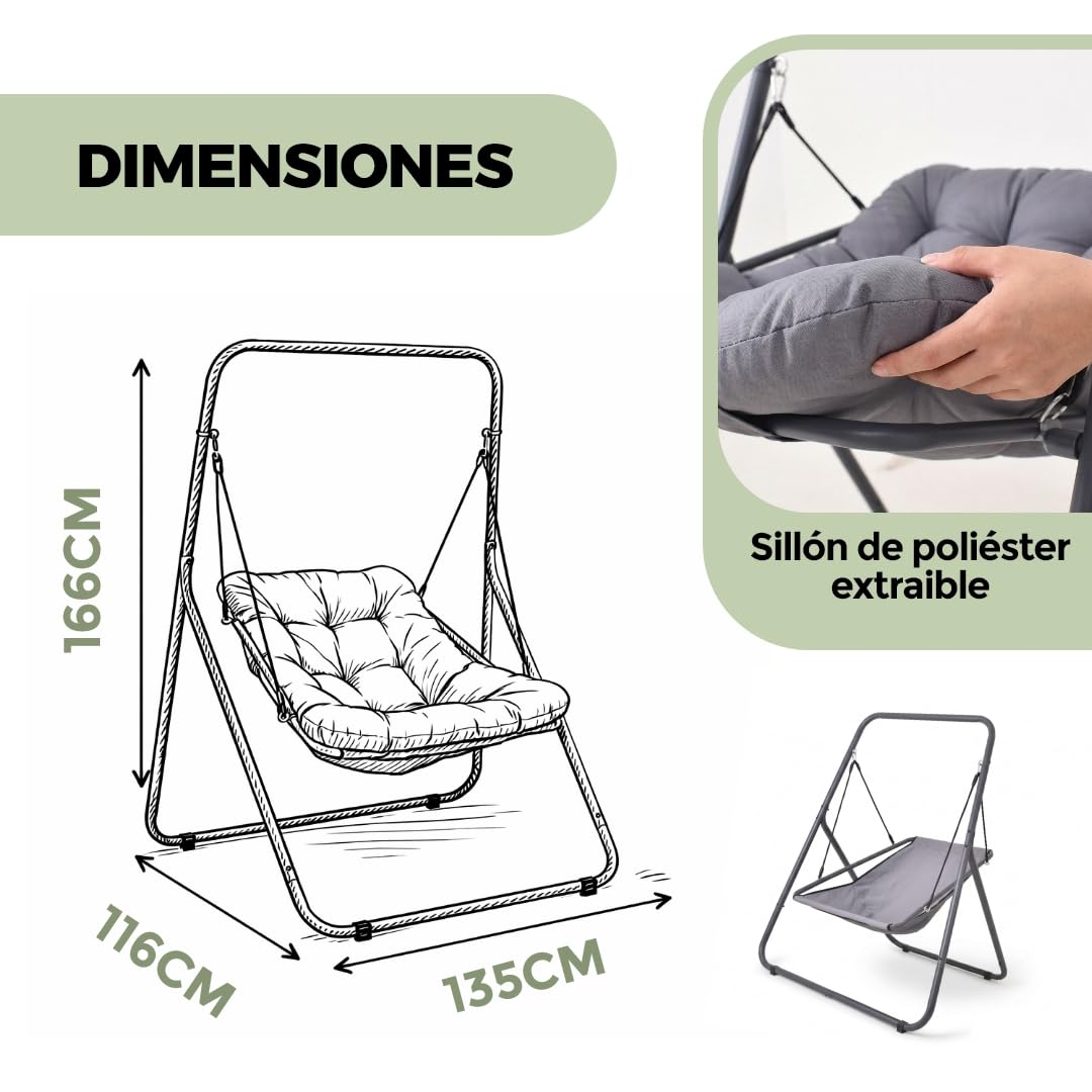 HAPPERS Silla Colgante Jardín Exterior | Sillón Columpio con Soporte | Mecedora de Terraza Balancín - Gris