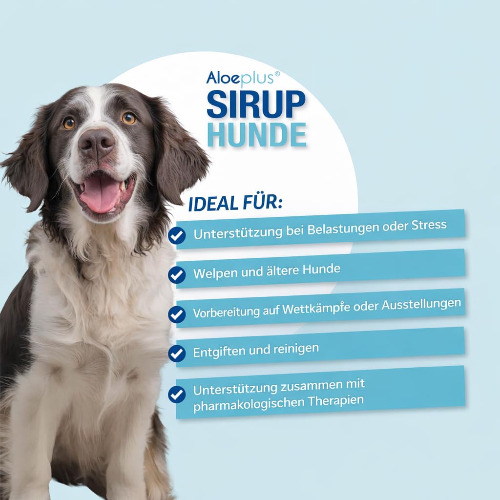 ALOEPLUS Hunde Sirup 250ml - Energetisches und Entgiftendes Ergänzungsfuttermittel mit Aloe Arborescens Bio, Stärkt die natürlichen Abwehrkräfte, ideal als Aufbaumittel für ältere Hunde und Welpen