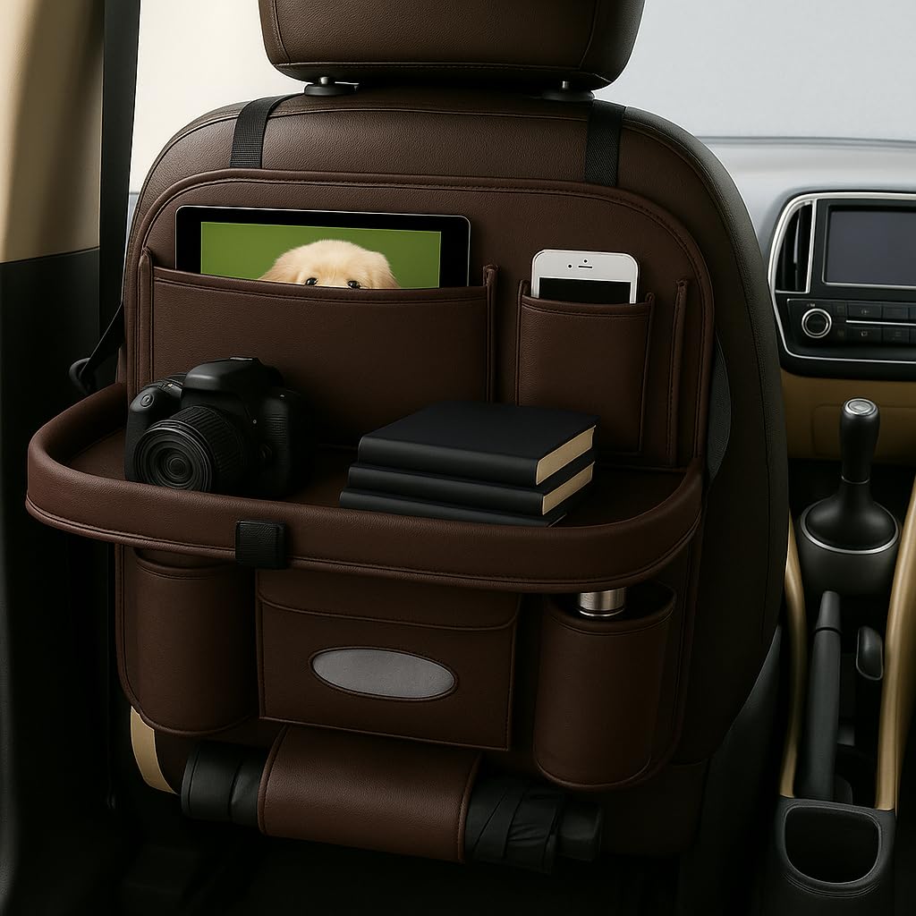 TSKN Premium Brown Car Backseat Organizer with Foldable Tray | Multi-Pocket Storage for Tablets, Phones, Bottles & Travel Essentials