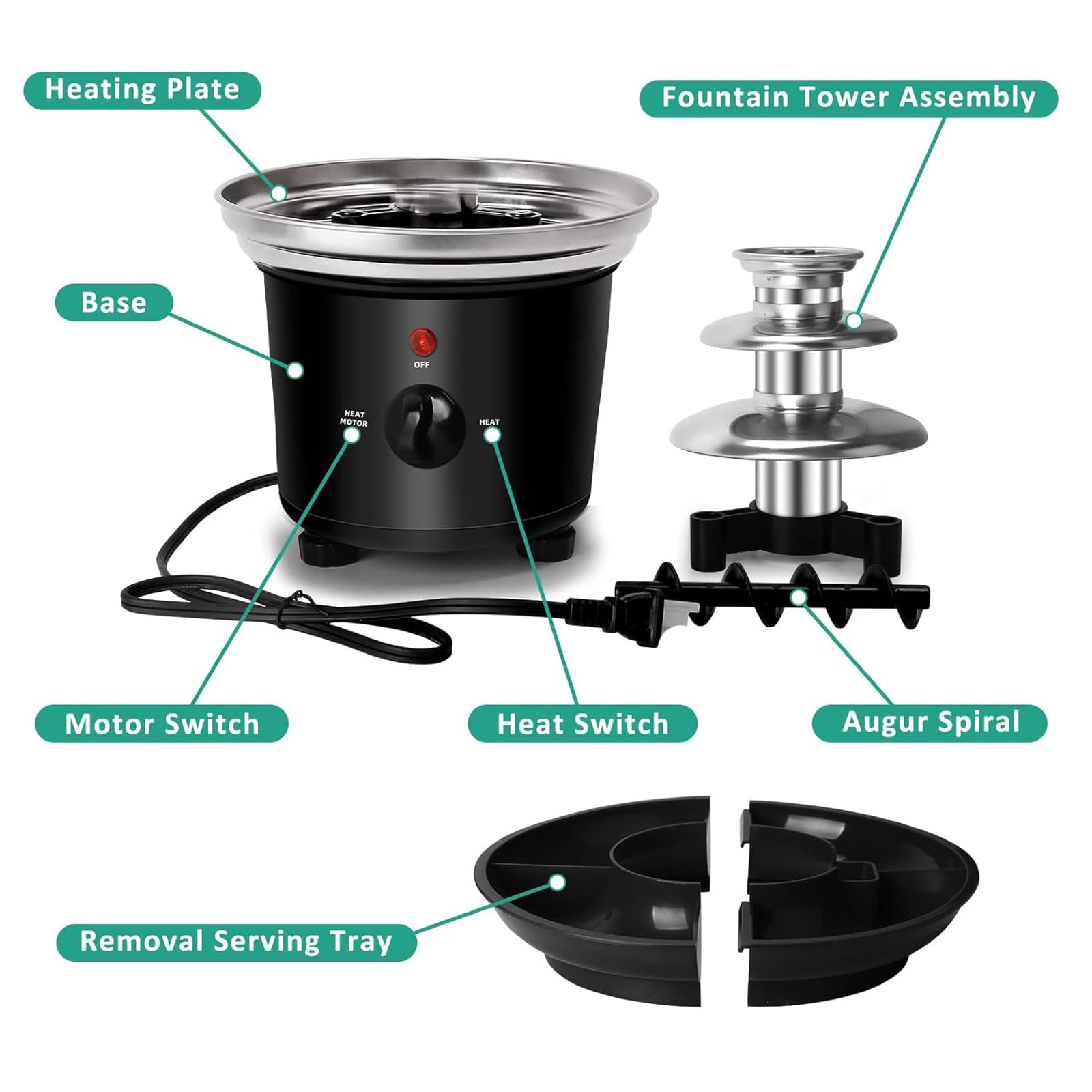 Fontana elettrica di cioccolato a 3 piani, fonduta di cioccolato in acciaio inox con funzione di fusione con vassoio snack e 6 forchette fonduta di cioccolato