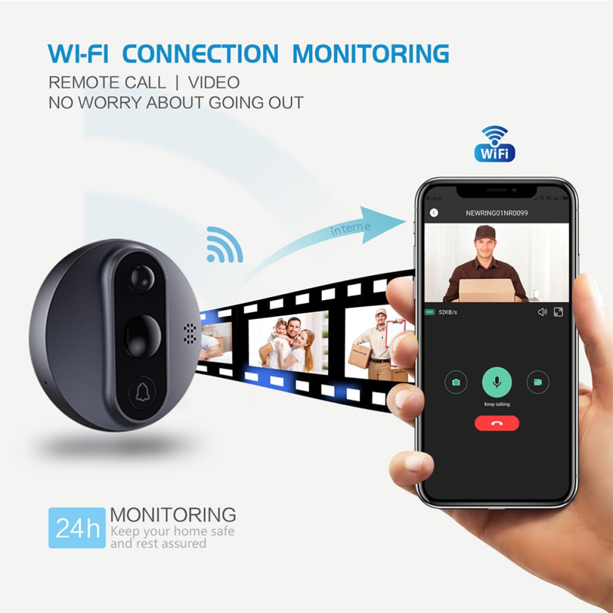 Sonnette Visuelle WiFi R9, Œil de Chat Électronique 720p 1mp | Métal, 32g et 5000ma, Vision Large, Surveillance Vidéo à Distance, Alarme Maison