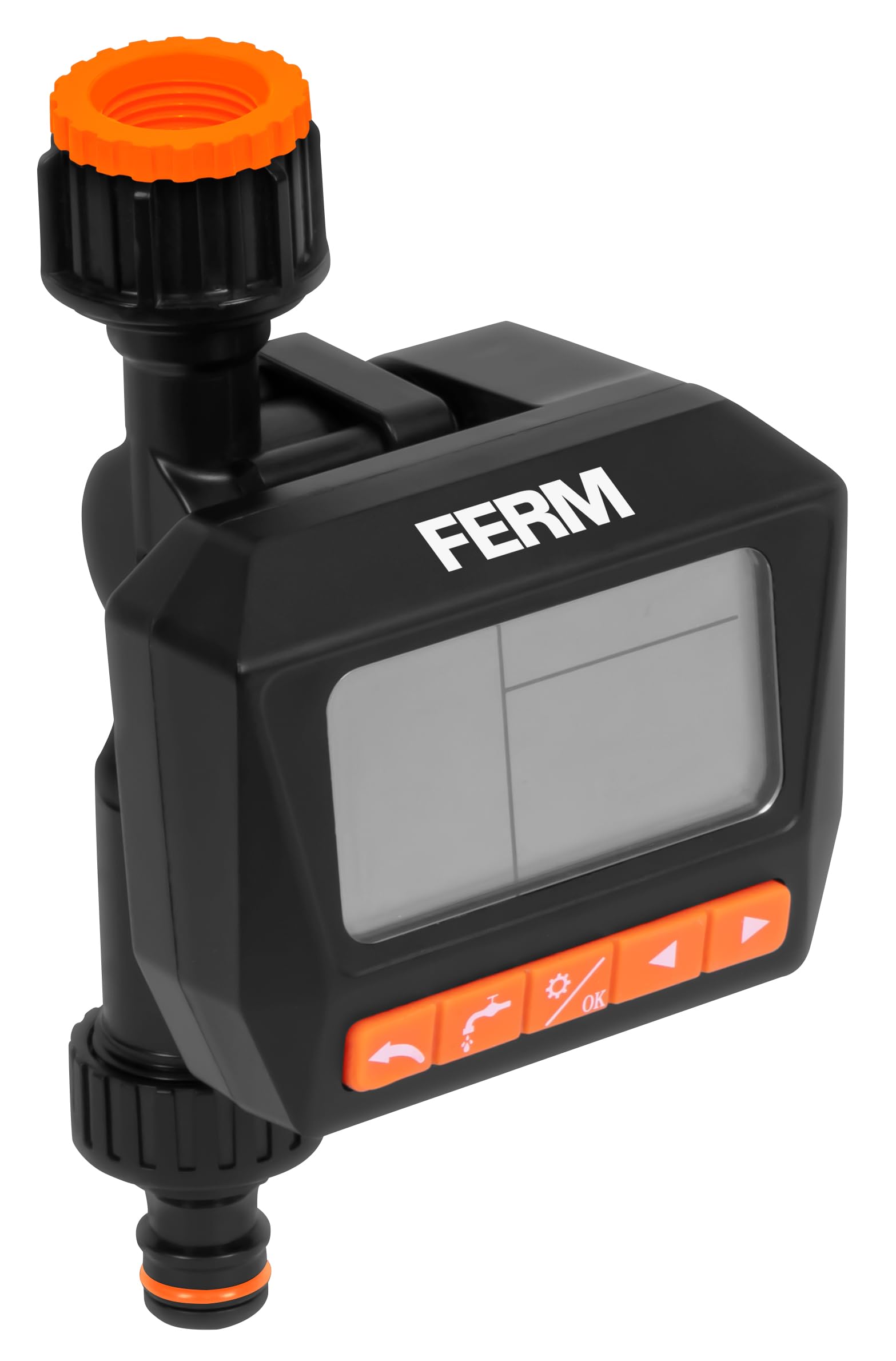 FERM WTA1003 Digital Water Timer connected to an outdoor faucet, with a hose attached and watering a garden.