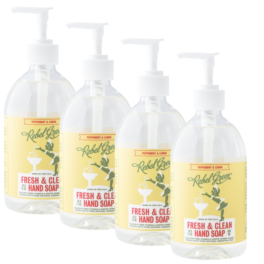 Rebel Green Fresh and Clean Liquid Hand Soap, Natural, Sulfate-Free, and Hypoallergenic Gel Hand Soap - Peppermint & Lemon, 16 Ounce Pump Bottles,