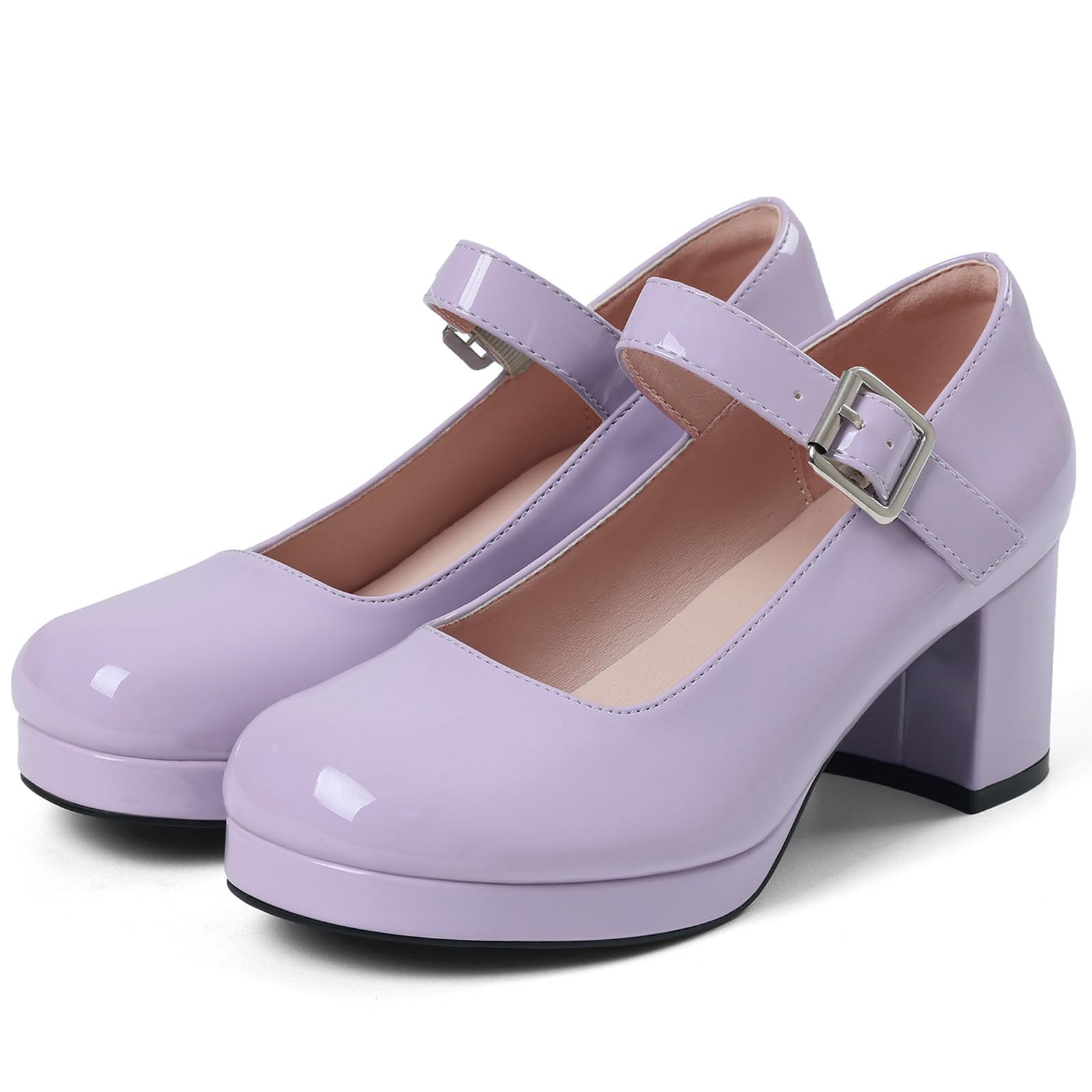 femflame Women's Low Chunky Heel Mary Jane Pumps Ankle Buckle Strap Sweet Round Toe Dress Shoes JK Cosplay Uniform Dress Shoes