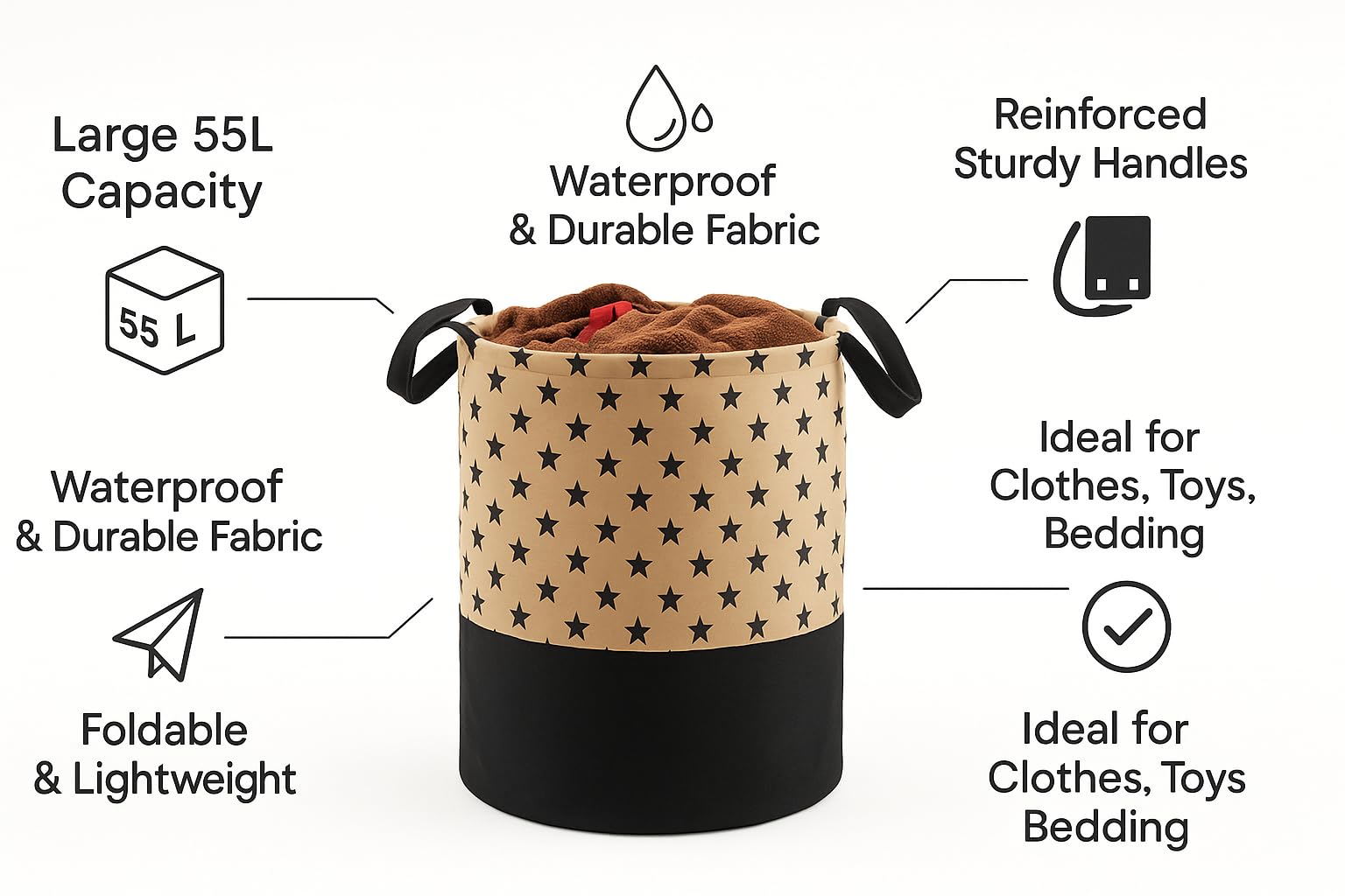 BB BACKBENCHERS Heavy Duty Laundry Basket | Large Round Collapsible Storage Hamper | for Blankets, Toys & Laundry | Foldable Home Organizer for Dorm, Apartment | Brown 1