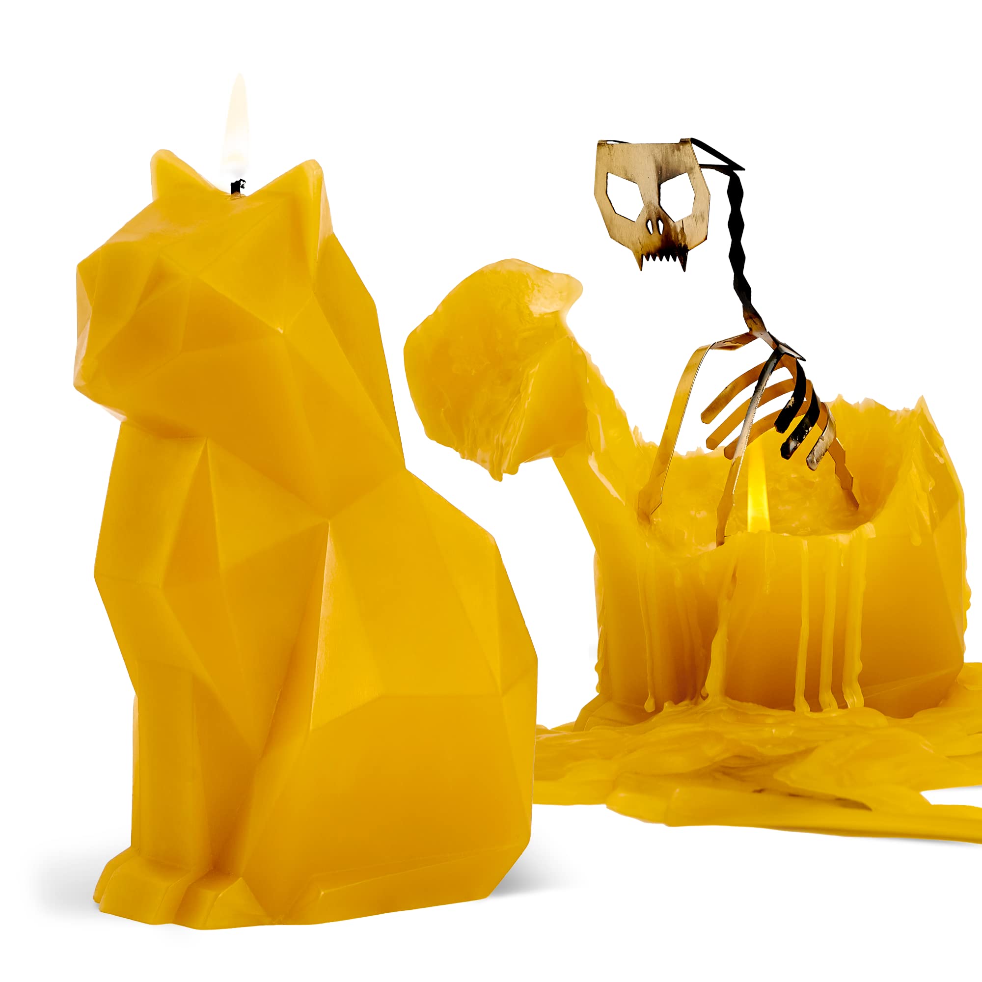 PyroPetKisa Cat Candle (Mustard Yellow) - The Original Cat Candle with Metallic Skeleton | Halloween Decor | Unique Gift for Cat Lovers | 20-Hr Burn Time | Dimensions: 6.7x2.9x4.5 in