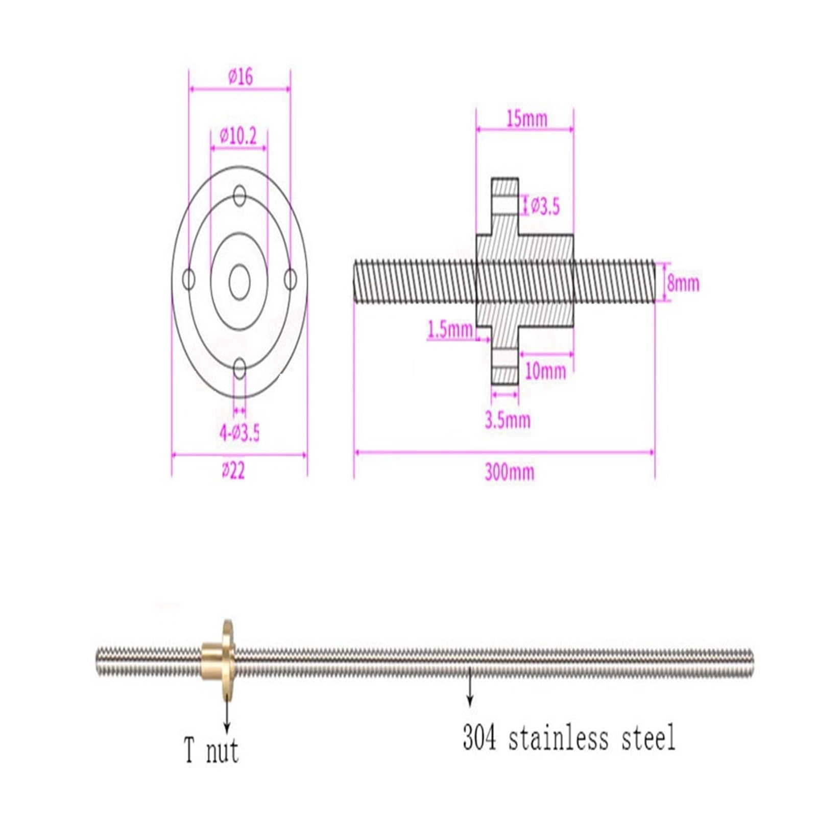 Metal Ball Screw nut Trapezoidal Rod T8 Lead Screw Thread 8mm Lead 2mm Length 100mm 500mm 600mm with Brass Nut(500mm)