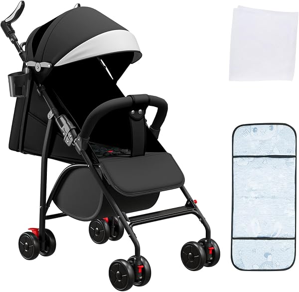OHMG Passeggino Canne,Passeggino compatto 0-4 anni, leggero e maneggevole, pieghevole con una mano, schienale reclinabile, imbracatura a 5 punti, passeggino leggero con baldacchino e zanzariera - 1