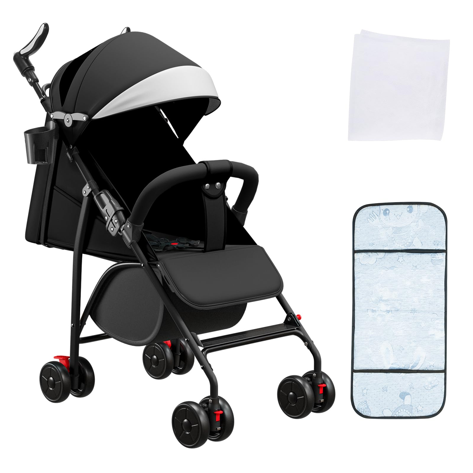 Poussette Canne Compacte 0-4 Ans Légère Pliable Une Main Dossier Inclinable Harnais 5 Points Auvent Moustiquaire 15 kg