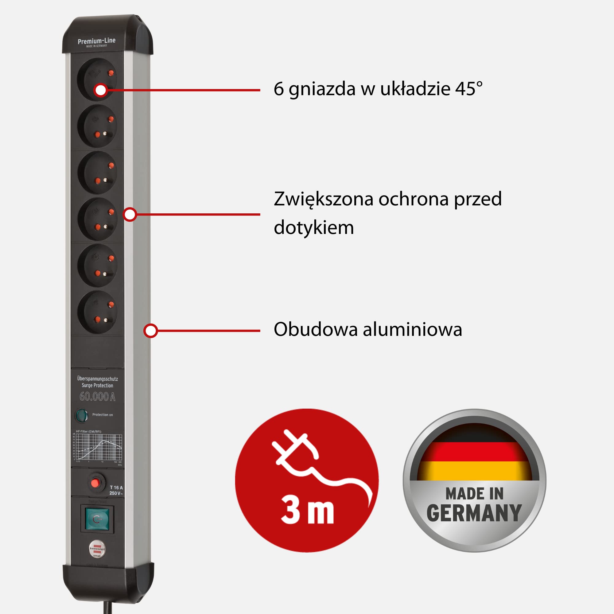 Brennenstuhl Premium-Protect-Line - Ciabatta con 6 prese con protezione a spirale 60,00 A (cavo da 3 m, con pulsante di spegnimento, prodotta in Germania), argento/nero