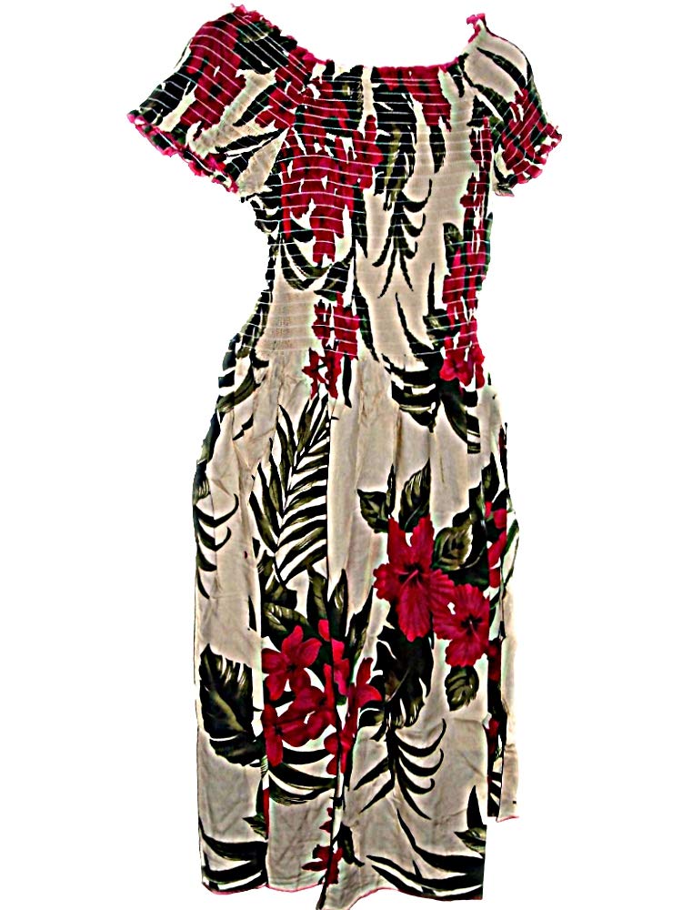 Hawaiian Flowers Cream & RED Sleeve Sun Dress- ONE Size (M-XL) f15S