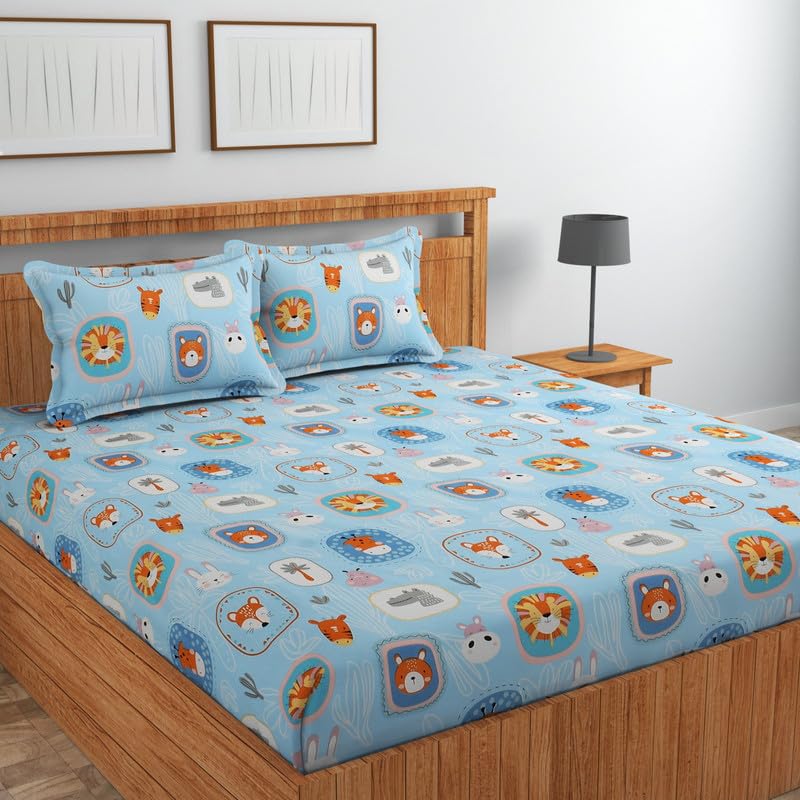 Image of NHD HOME Cotton Flat Double Bedsheets with 2 Pillow Covers | Double Bed Breathable | Wrinklefree | Ultrasoft |Summer Bedsheet 200 to 220 tc Floral | 90 x 90 inches, Floral Sky Blue