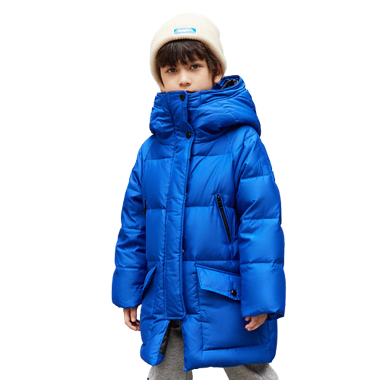 Piumino di Media Lunghezza per Bambini Ragazze Ragazzi Inverno Ispessimento Moda Giacca con Cappuccio Abbigliamento Caldo 90 Soffice Piumino D'Anatra Bianca,Blue,7T(130CM)