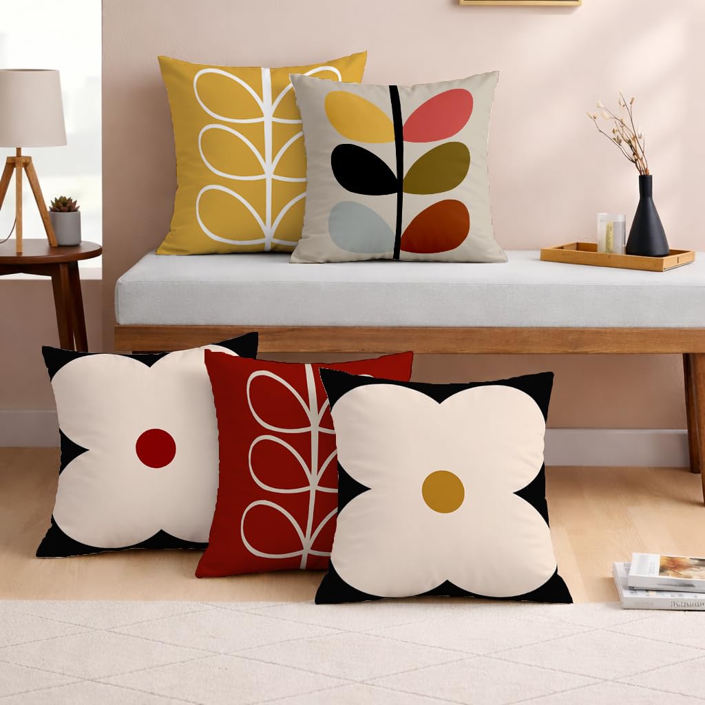 STITCHNEST Set of 5 Polycotton Cushion Covers – 12x12 Inches – Modern Retro Floral & Leaf Print in Mustard, Black & Red – Bold Decorative Cushion Covers for Sofa & Living Room Decor-image-23