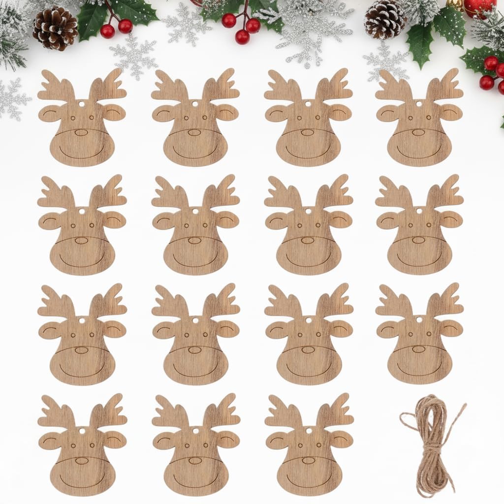40 Ornamenti Natalizi In Legno A Forma Di Testa Di Cervo/Renna, Fai Da Te, Incompiuti Da Decorare Con Corde, SEWACC - 2